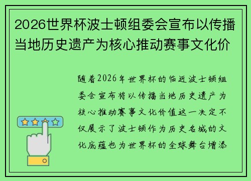 2026世界杯波士顿组委会宣布以传播当地历史遗产为核心推动赛事文化价值
