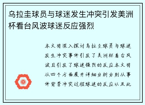 乌拉圭球员与球迷发生冲突引发美洲杯看台风波球迷反应强烈 乌拉圭球员与球迷发生冲突引发美洲杯看台风波球迷反应强烈