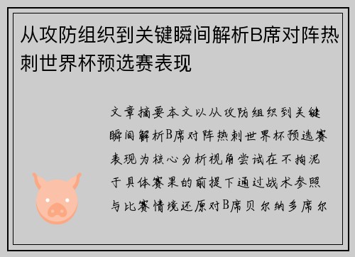 从攻防组织到关键瞬间解析B席对阵热刺世界杯预选赛表现